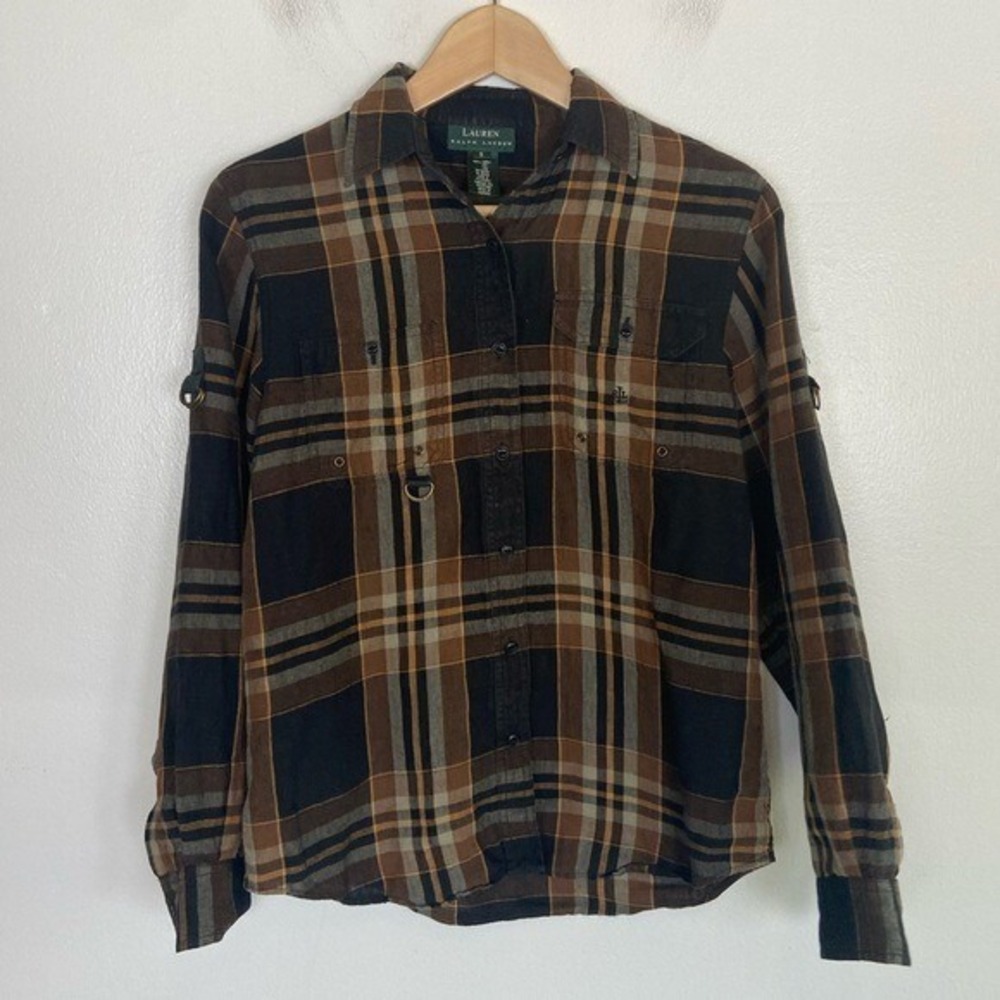 Lauren Ralph Lauren Women's Linen Button Down Shirt Size S Plaid Safari Twilight